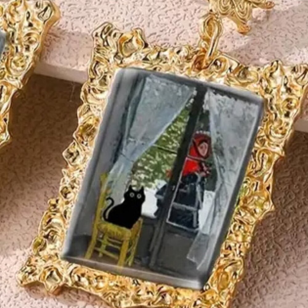 MUSEUM COLLECTION WOMAN PEERING THROUGH WINDOW AT BLACK CAT FRAMED EARRINGS 22 - Picture 3 of 3